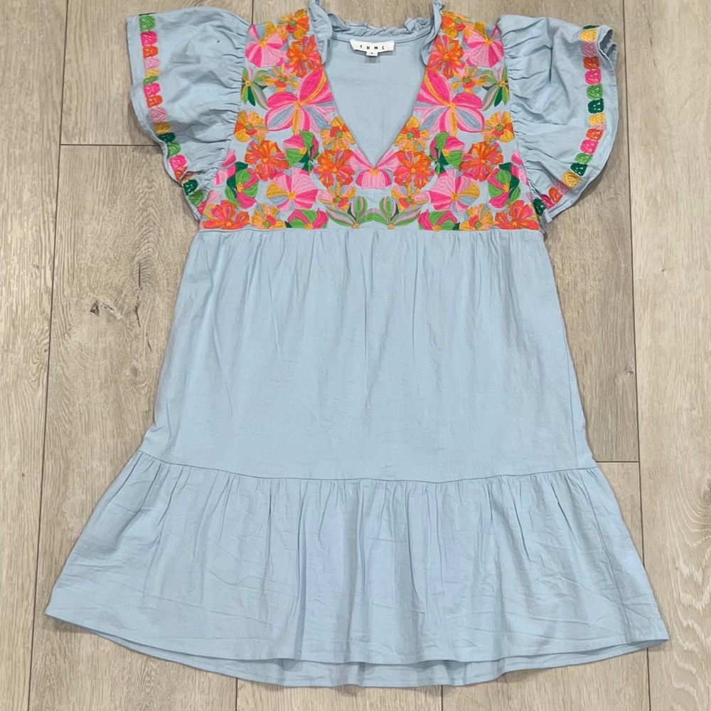 THML Blue Ruffled Tiered Sundress with Flutter Sleeves
